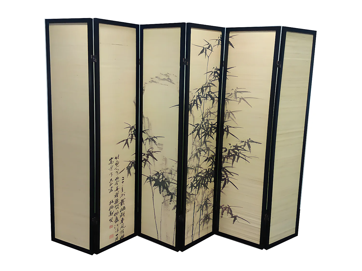 Paravent bois noir et bambou avec motifs vegetaux 6 pans,  H 175 x L 240 cm