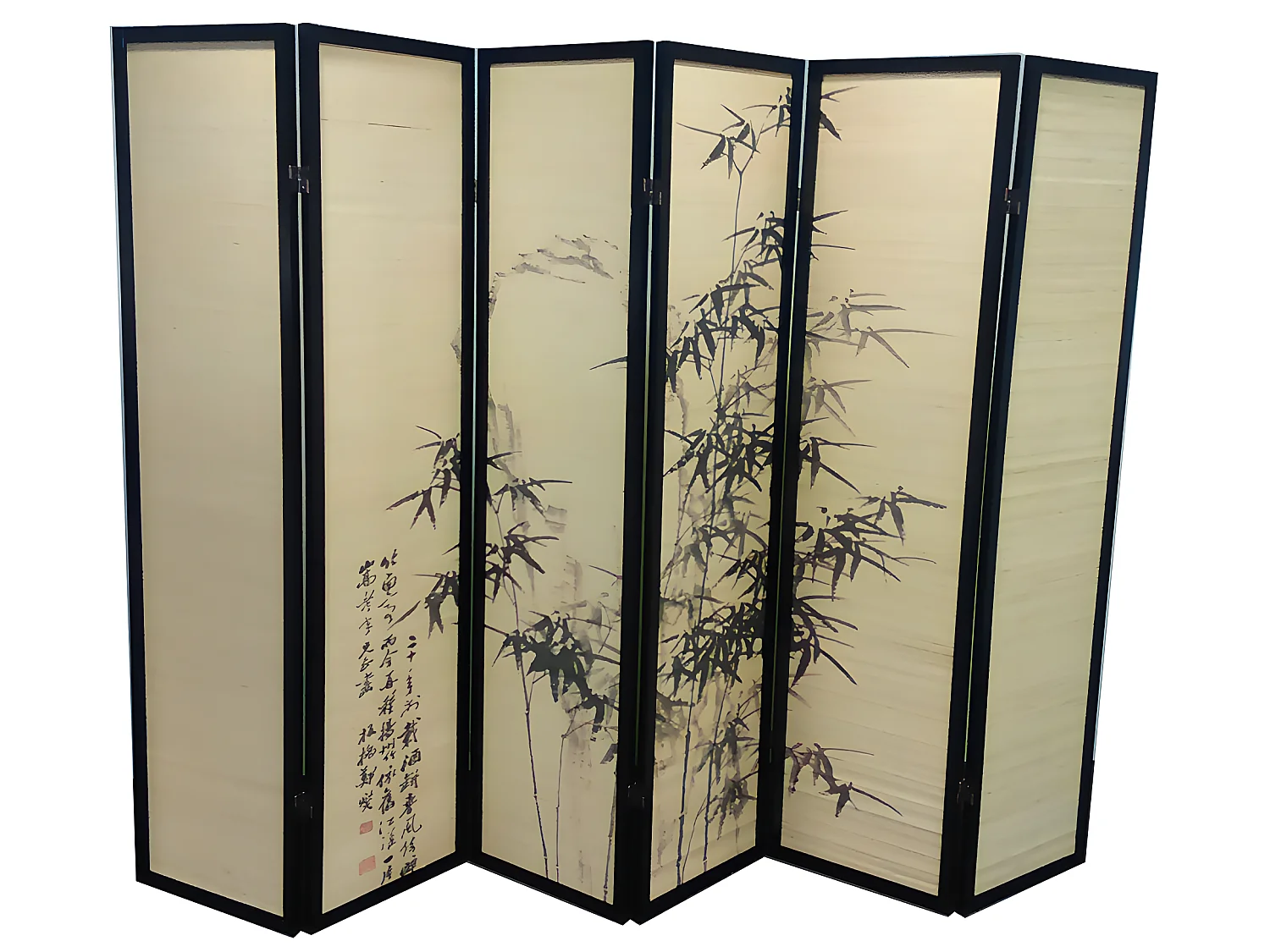 Paravent bois noir et bambou avec motifs vegetaux 6 pans,  H 175 x L 240 cm