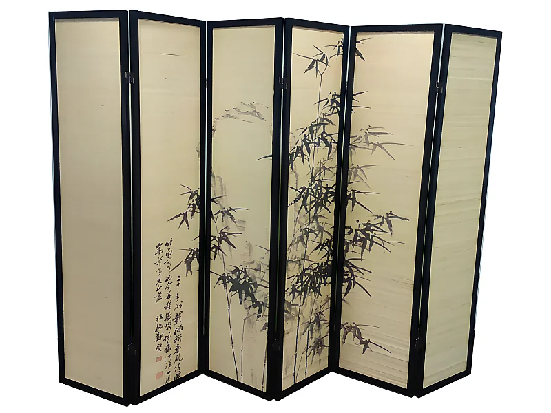 Paravent bois noir et bambou avec motifs vegetaux 6 pans,  H 175 x L 240 cm