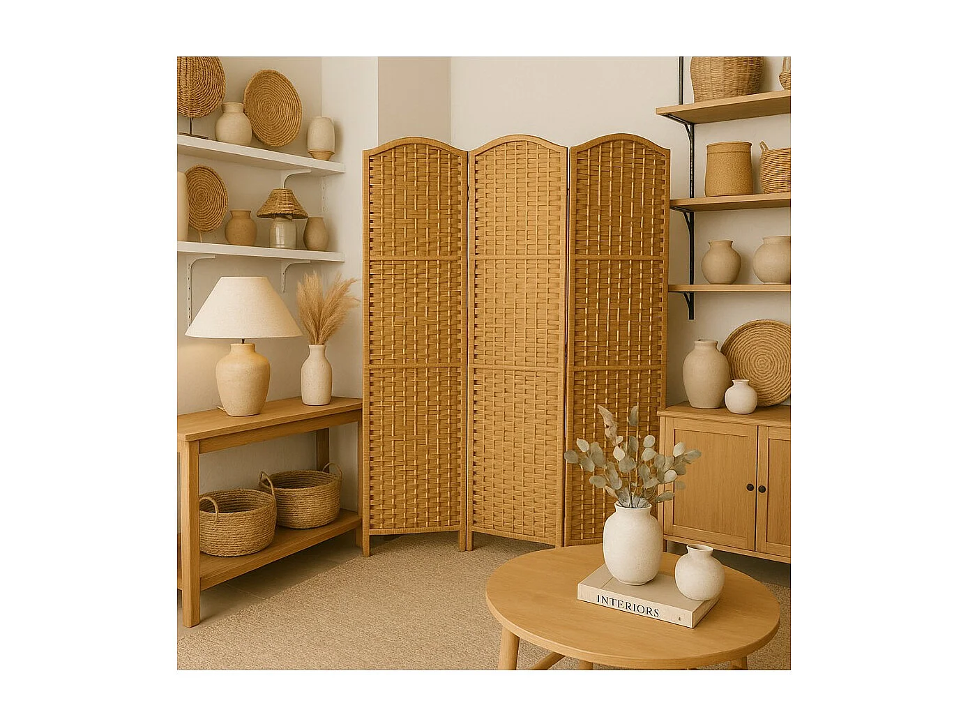Paravent de 4 pans en fibres naturelles coloris naturel - Dim : H170 x L140 cm