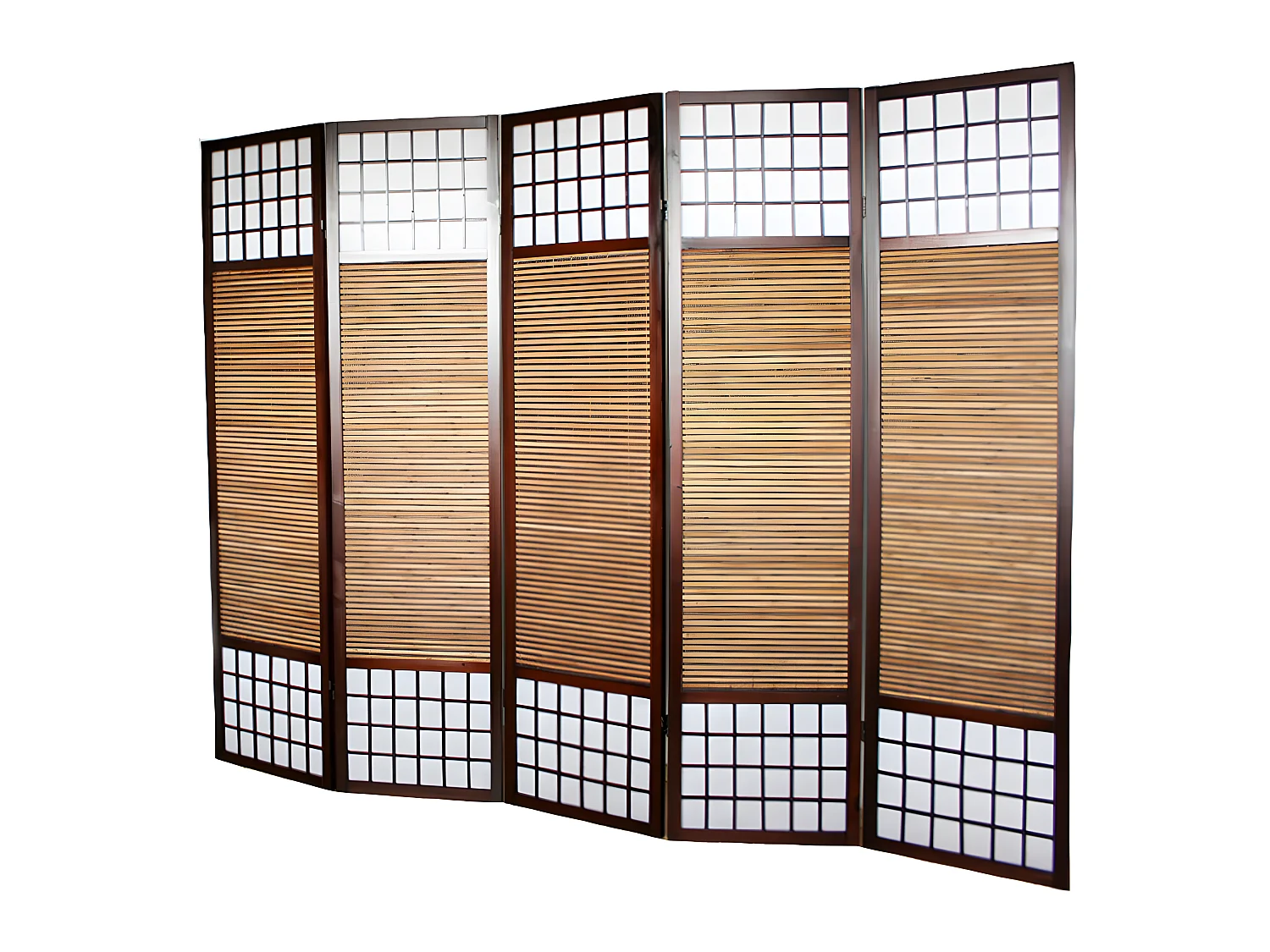 Paravent/séparateur de pièce japonais en bois avec bambou de 5 panneaux coloris marron