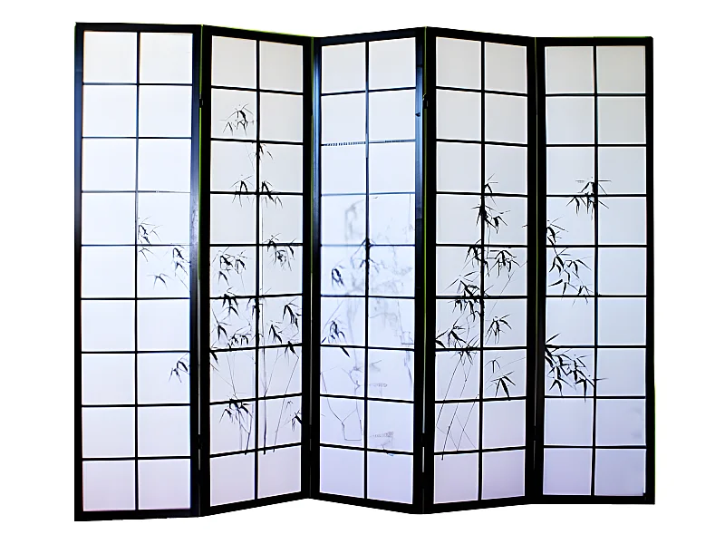 Paravent japonais en bois noir dessin bambou de 5 pans