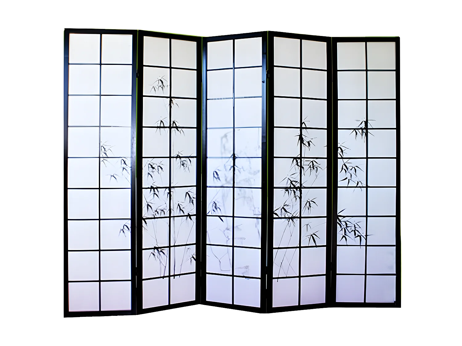 Paravent japonais en bois noir dessin bambou de 5 pans