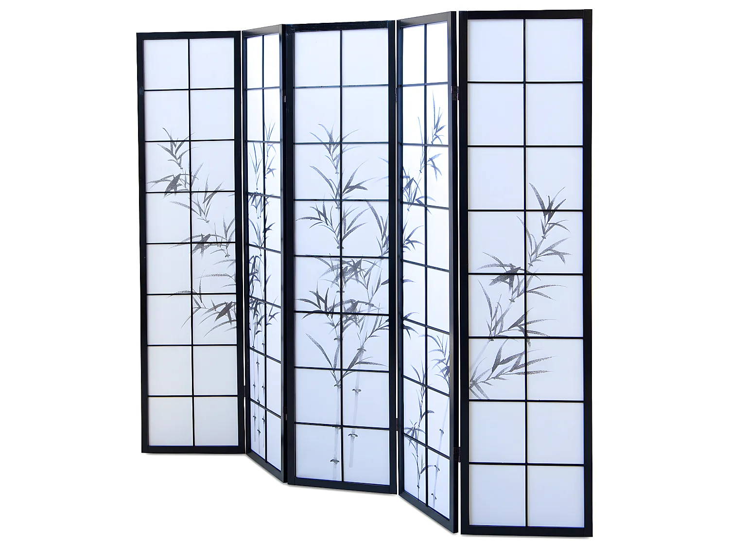 Paravent japonais en bois noir dessin bambou de 5 pans