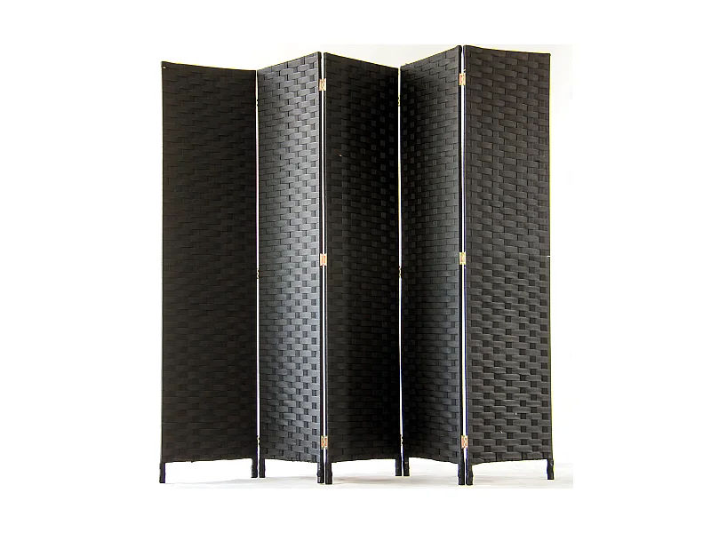 Paravent de 5 pans tressé en fibres synthètiques, coloris noir - Dim : H170 x 200cm