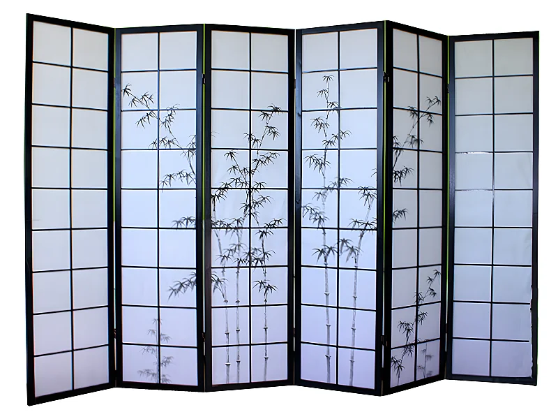 Paravent japonais en bois noir avec dessin bambou de 6 pans