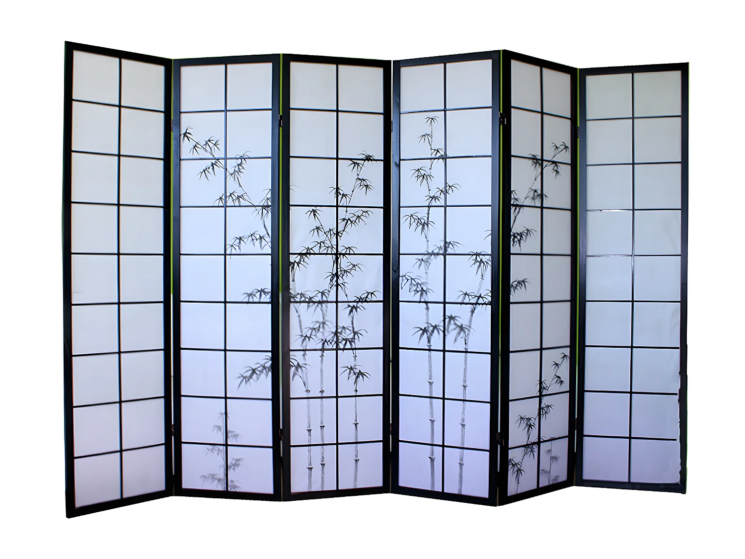 Paravent japonais en bois noir avec dessin bambou de 6 pans