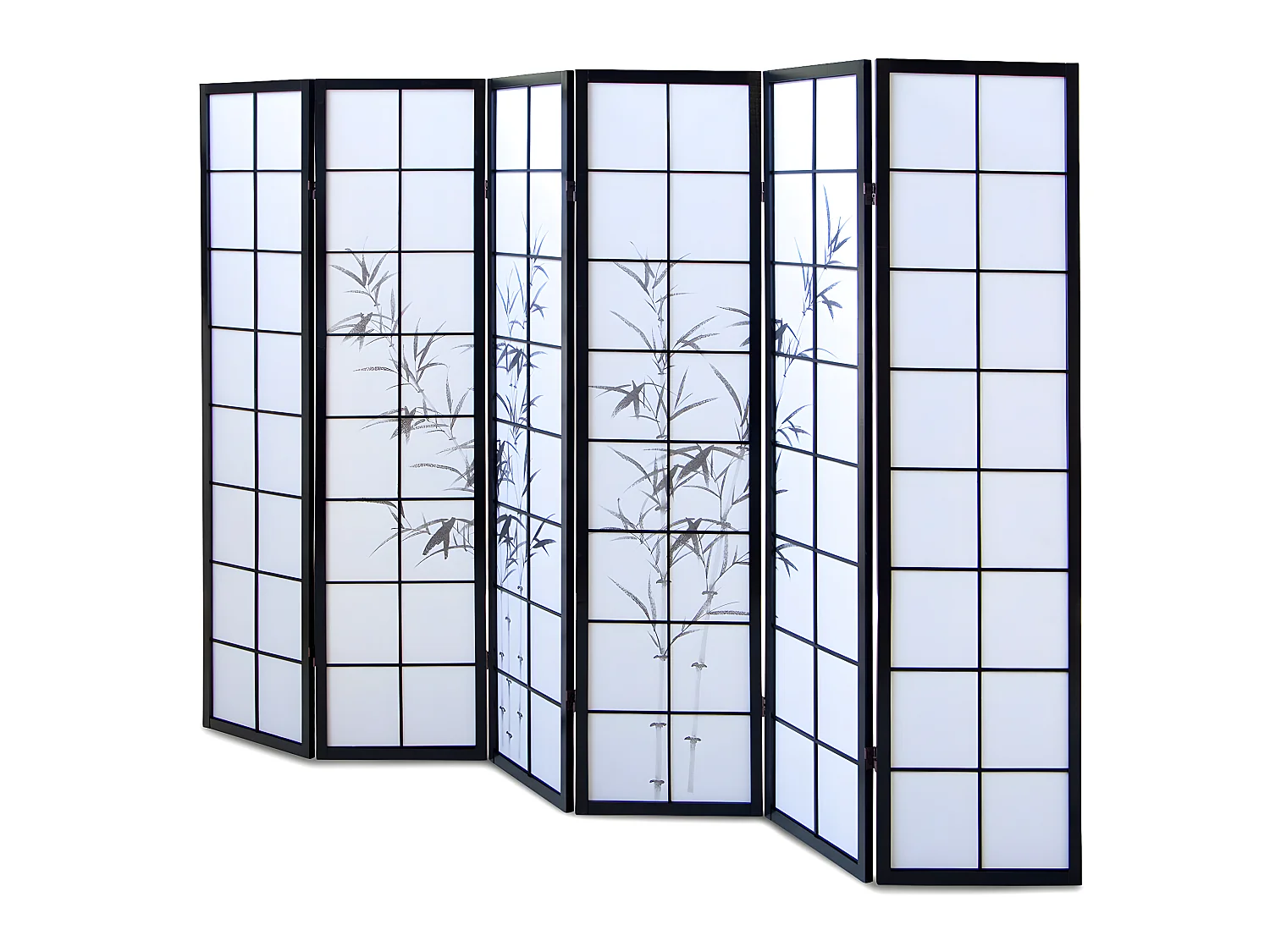 Paravent japonais en bois noir avec dessin bambou de 6 pans
