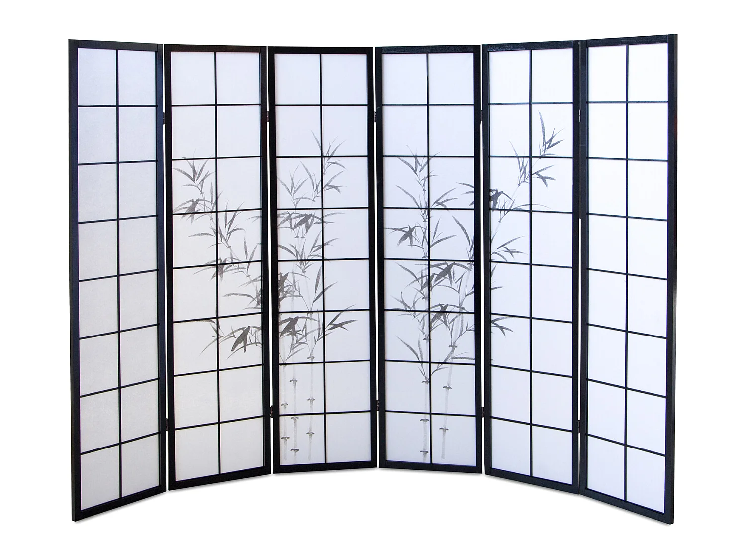Paravent japonais en bois noir avec dessin bambou de 6 pans