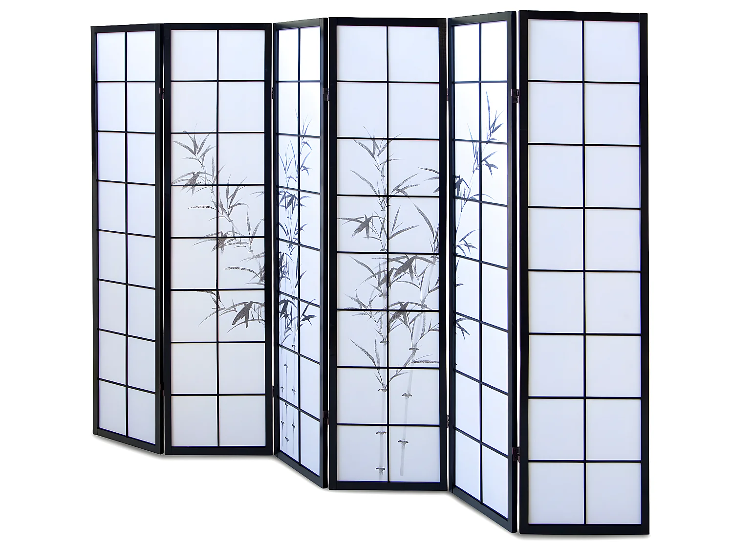 Paravent japonais en bois noir avec dessin bambou de 6 pans