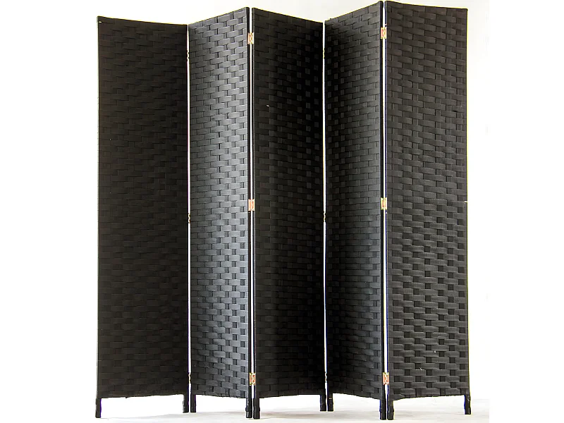 Paravent de 5 pans tressé en fibres naturelles coloris noir - Dim : H180 x L225 cm