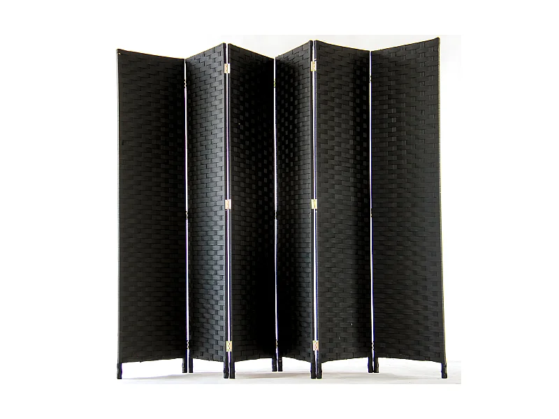 Paravent de 6 pans tressé en fibres naturelles coloris noir - Dim : H180 x L270 cm