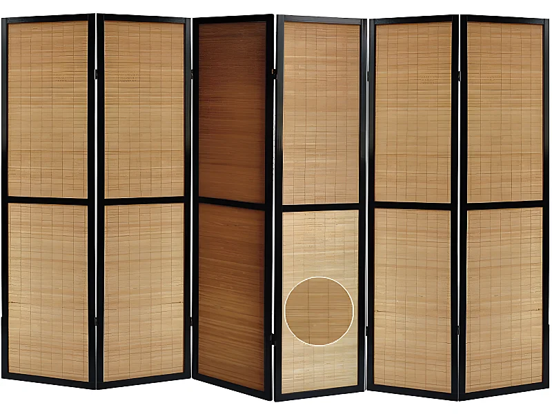 Paravent en bois noir et bambou de 6 pans
