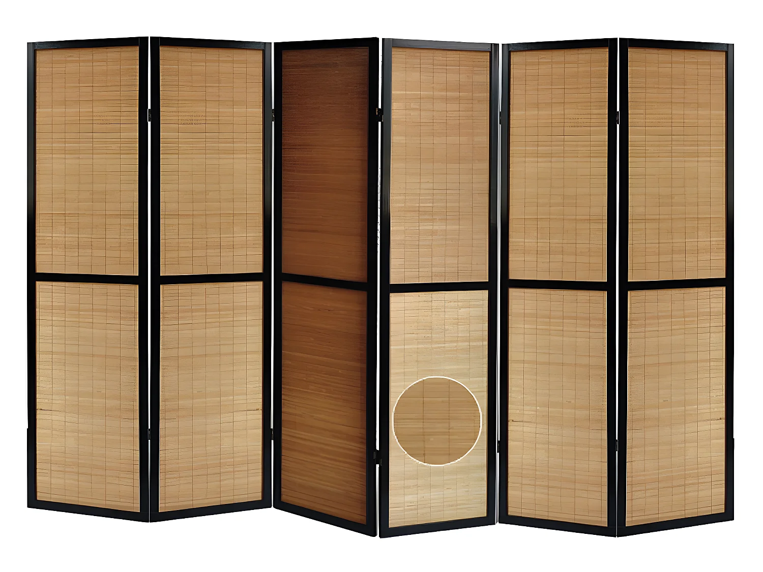 Paravent en bois noir et bambou de 6 pans