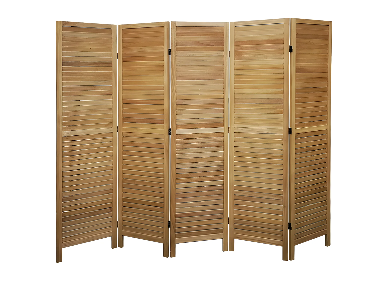 Paravent persienne de 5 pans en bois, coloris brun clair - Dim : H170 x L200cm