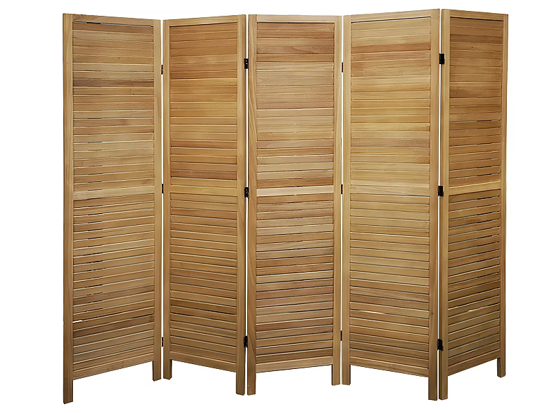 Paravent persienne de 5 pans en bois, coloris brun clair - Dim : H170 x L200cm