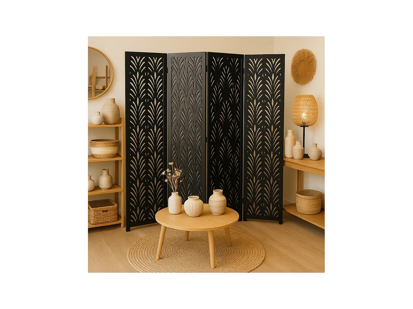 Paravent végétal en bois composite 4 pans, coloris noir H170 x L160cm