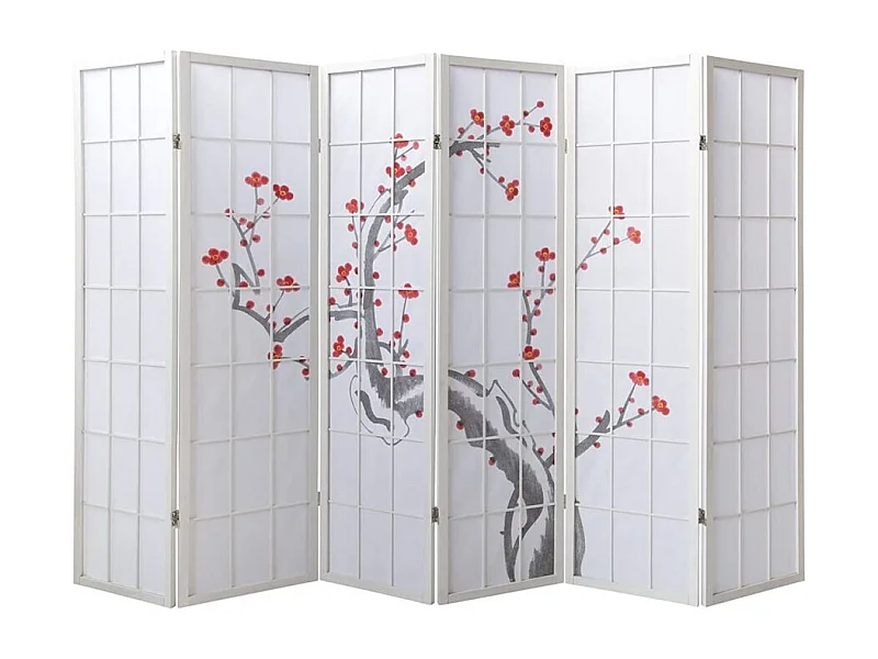 Paravent japonais fleur de cerisier en bois blanc de 6 pans, L264 x H175 x P2 cm