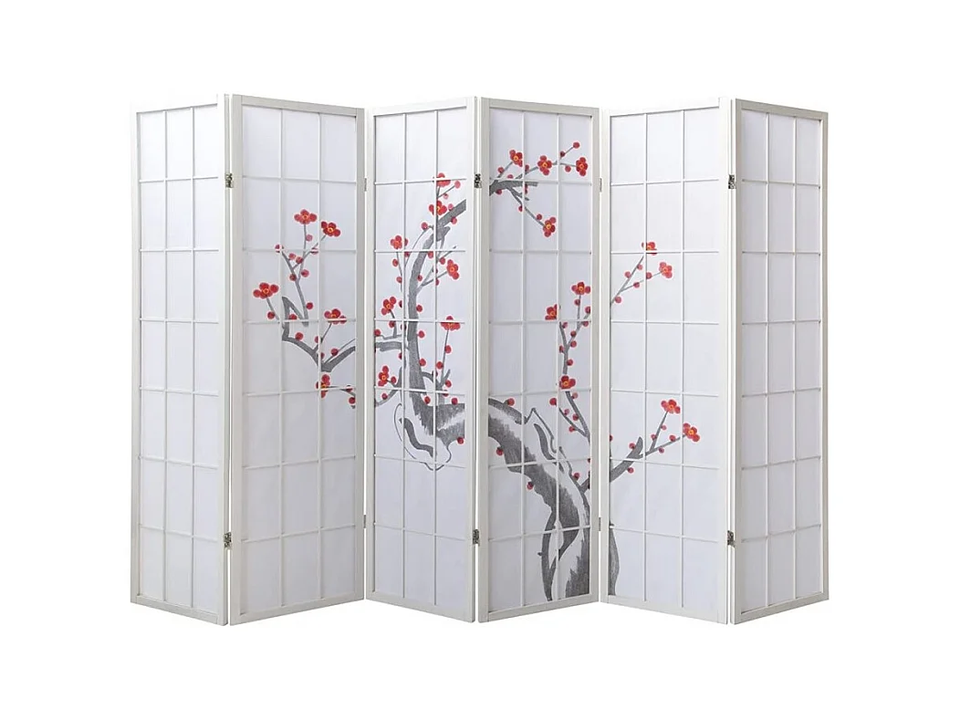 Paravent japonais fleur de cerisier en bois blanc de 6 pans, L264 x H175 x P2 cm