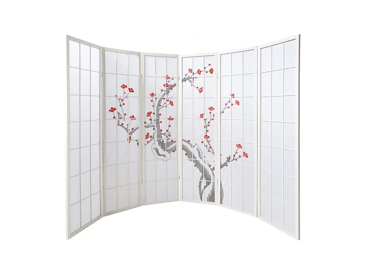 Paravent japonais fleur de cerisier en bois blanc de 6 pans, L264 x H175 x P2 cm