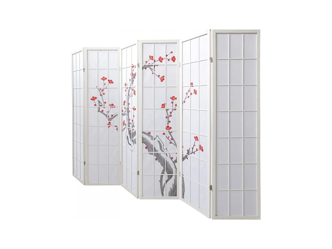 Paravent japonais fleur de cerisier en bois blanc de 6 pans, L264 x H175 x P2 cm