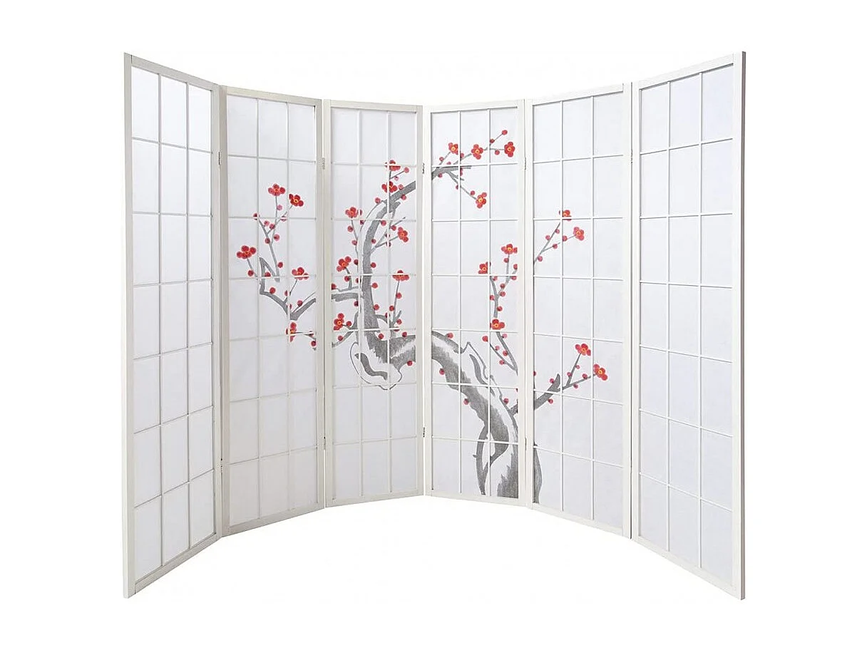Paravent japonais fleur de cerisier en bois blanc de 6 pans, L264 x H175 x P2 cm