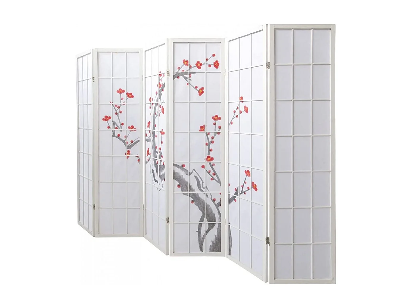 Paravent japonais fleur de cerisier en bois blanc de 6 pans, L264 x H175 x P2 cm