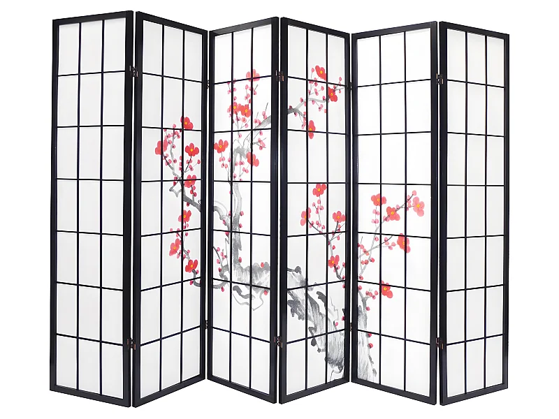 Paravent bois noir avec fleurs de cerisier de 6 pans, L264 x H176 x P2 cm