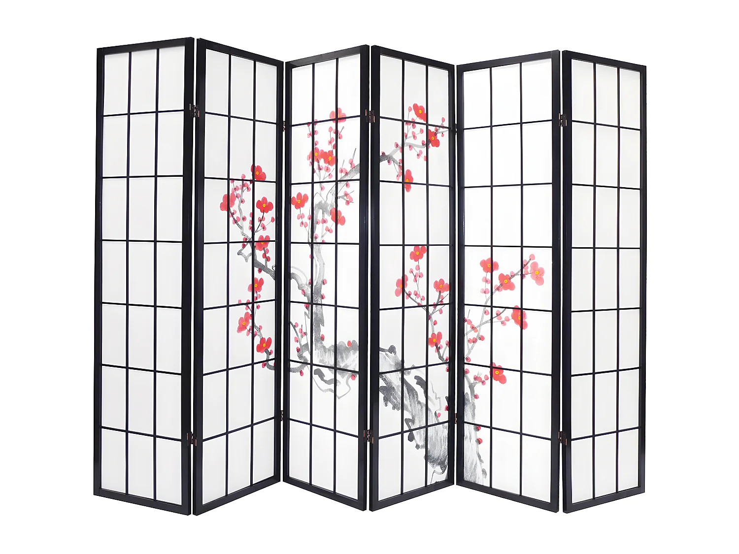 Paravent bois noir avec fleurs de cerisier de 6 pans, L264 x H176 x P2 cm