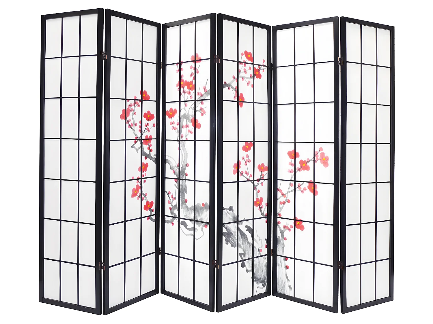 Paravent bois noir avec fleurs de cerisier de 6 pans, L264 x H176 x P2 cm