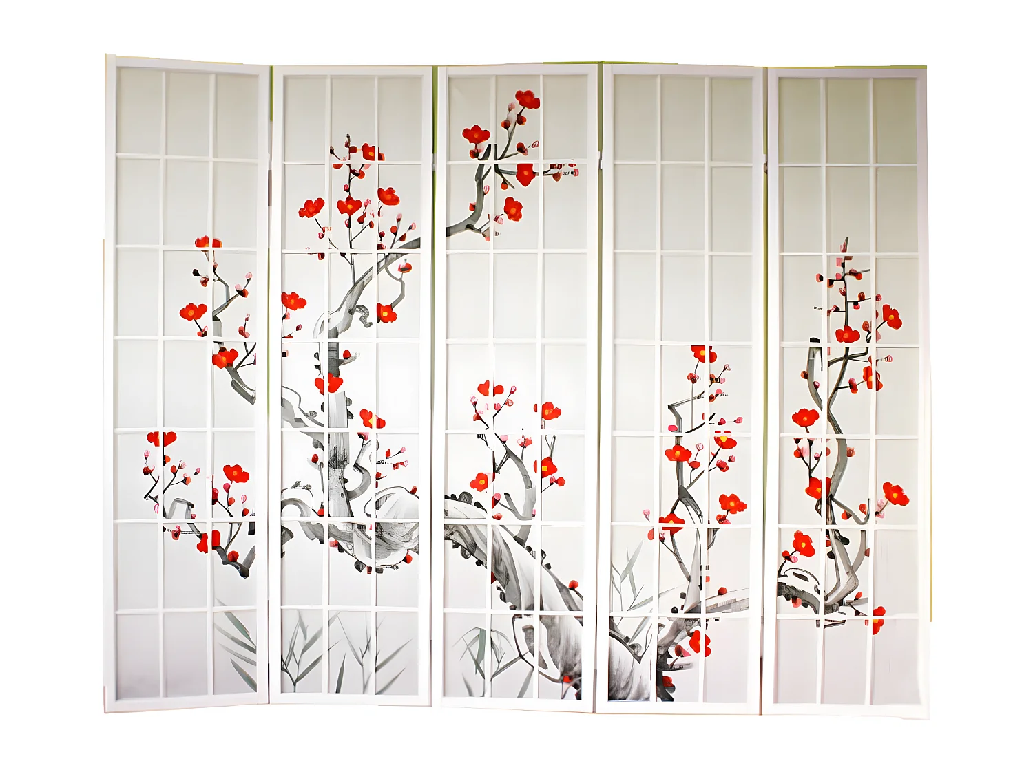 Paravent japonais fleur de cerisier en bois blanc de 5 pans, L220 x H175 x P2 cm