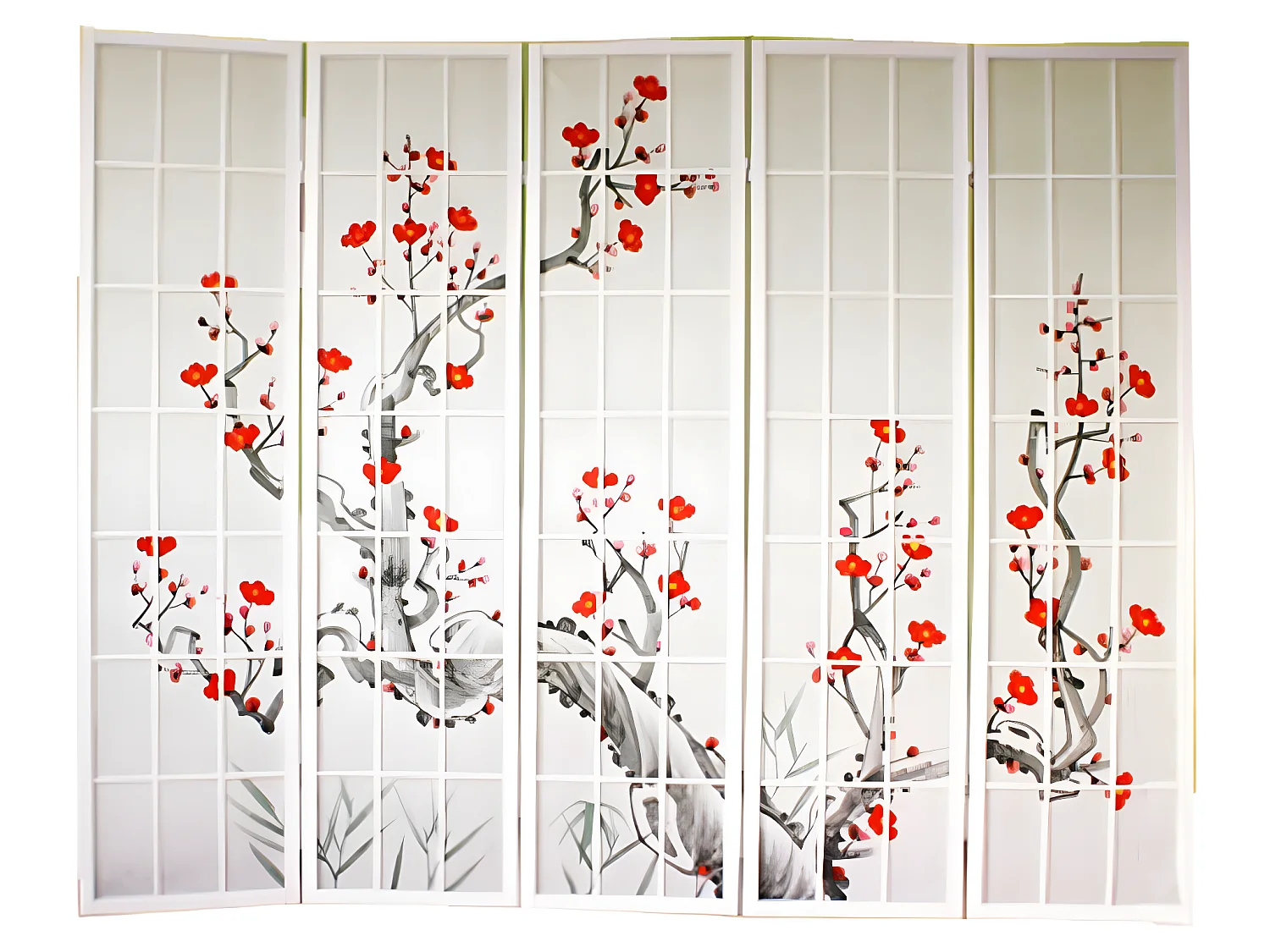 Paravent japonais fleur de cerisier en bois blanc de 5 pans, L220 x H175 x P2 cm