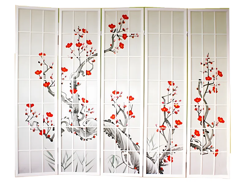 Paravent japonais fleur de cerisier en bois blanc de 5 pans, L220 x H175 x P2 cm