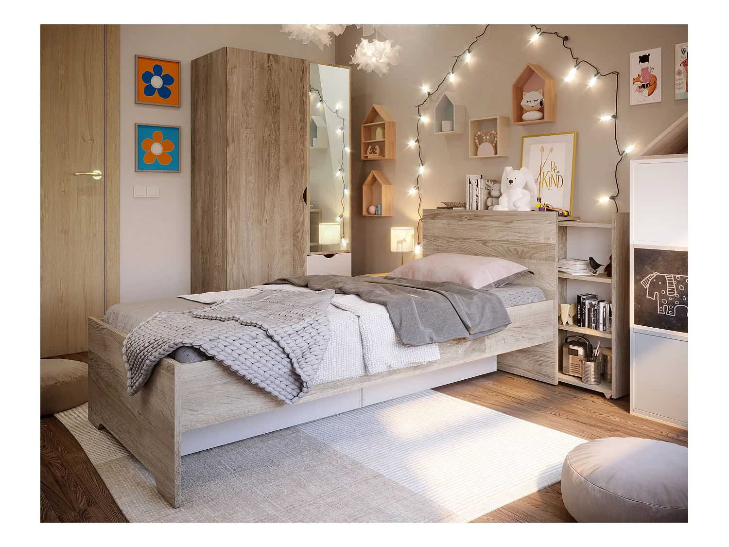 Lit enfant avec rangement en mélamine coloris blanc/chêne - Longueur 99,2 x Profondeur 223,7 x Hauteur 90 cm