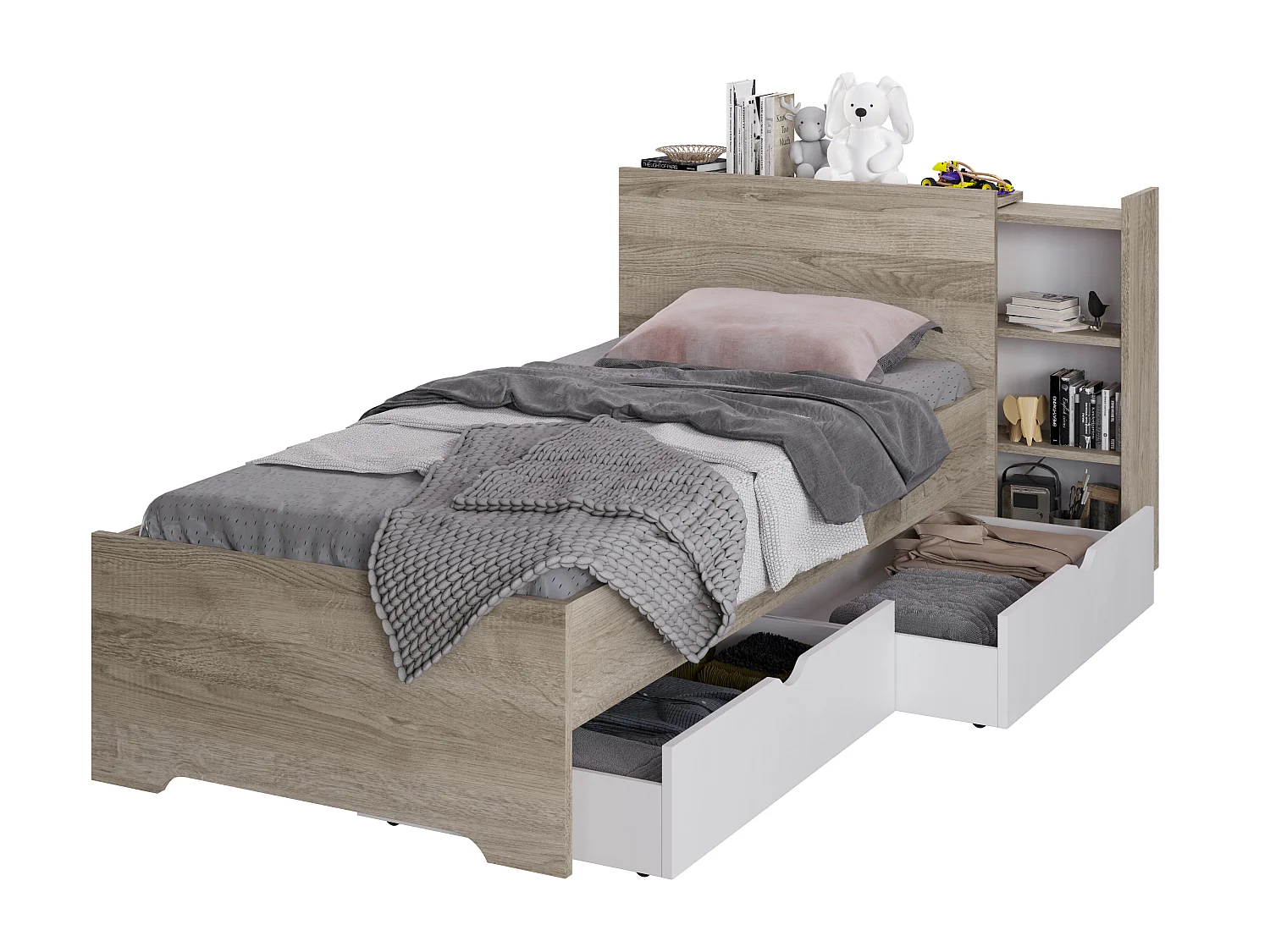Lit enfant avec rangement en mélamine coloris blanc/chêne - Longueur 99,2 x Profondeur 223,7 x Hauteur 90 cm