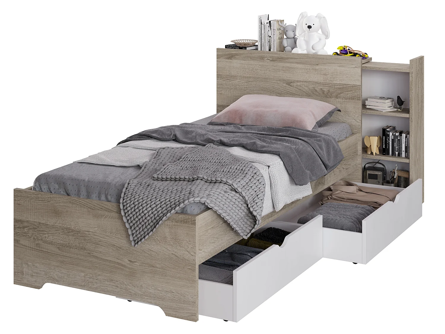 Lit enfant avec rangement en mélamine coloris blanc/chêne - Longueur 99,2 x Profondeur 223,7 x Hauteur 90 cm