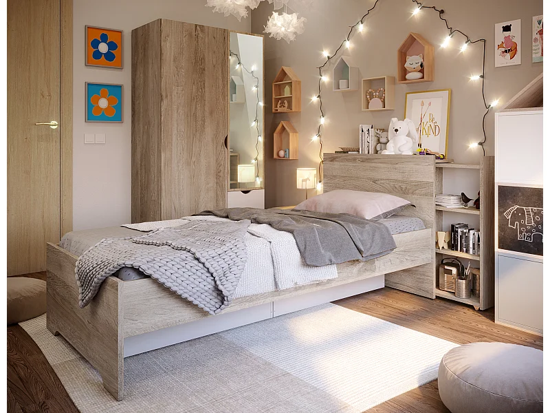 Lit enfant avec rangement en mélamine coloris blanc/chêne - Longueur 99,2 x Profondeur 223,7 x Hauteur 90 cm