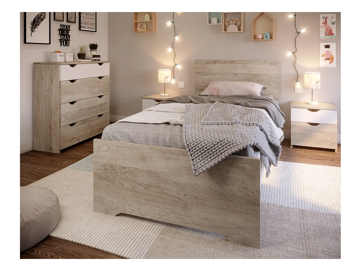 Lit enfant simple en mélamine coloris blanc/chêne - Longueur 99,2 x Profondeur 206,3 x Hauteur 90 cm