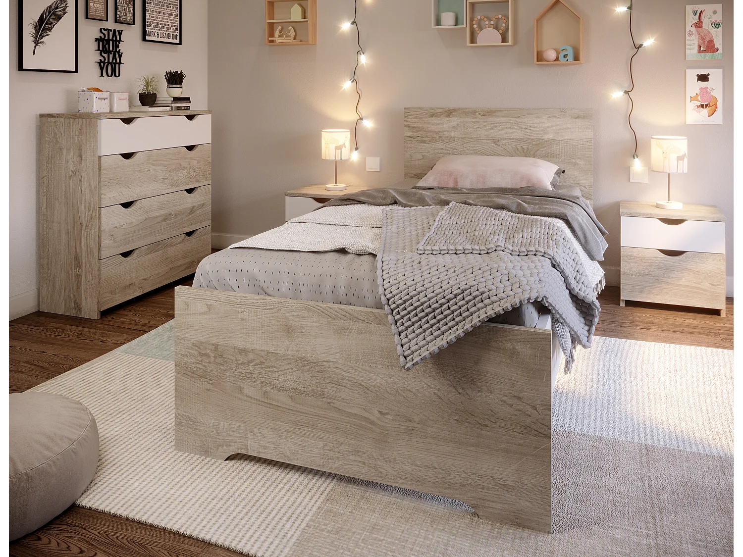 Lit enfant simple en mélamine coloris blanc/chêne - Longueur 99,2 x Profondeur 206,3 x Hauteur 90 cm