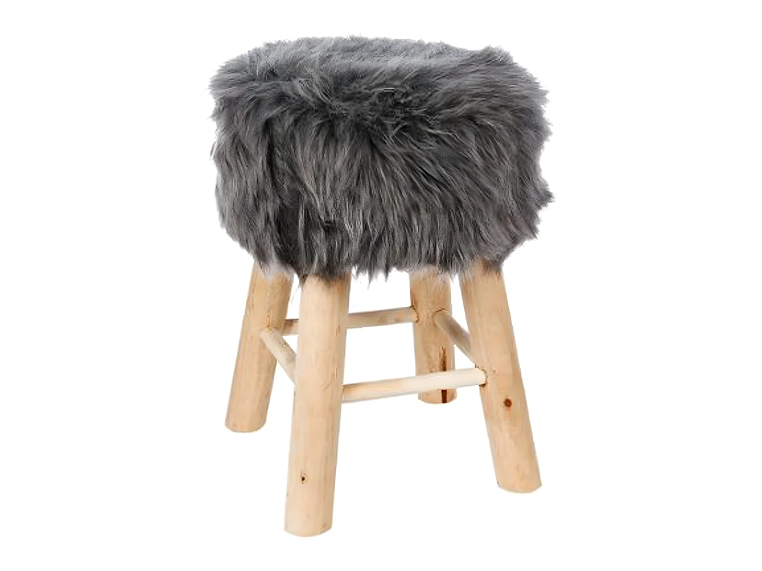 Tabouret en pin et polyester, imitation fourrure grise - Dim : L.30 x l.30 x H.42 cm