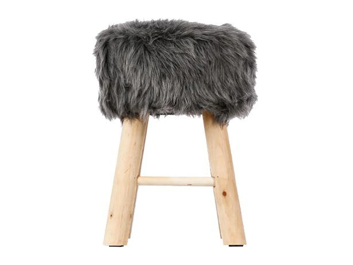 Tabouret en pin et polyester, imitation fourrure grise - Dim : L.30 x l.30 x H.42 cm