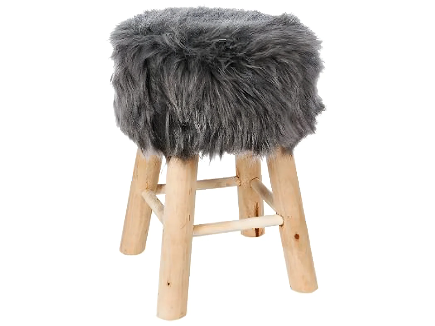 Tabouret en pin et polyester, imitation fourrure grise - Dim : L.30 x l.30 x H.42 cm