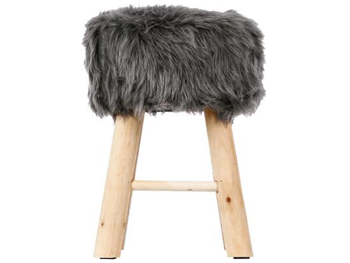 Tabouret en pin et polyester, imitation fourrure grise - Dim : L.30 x l.30 x H.42 cm