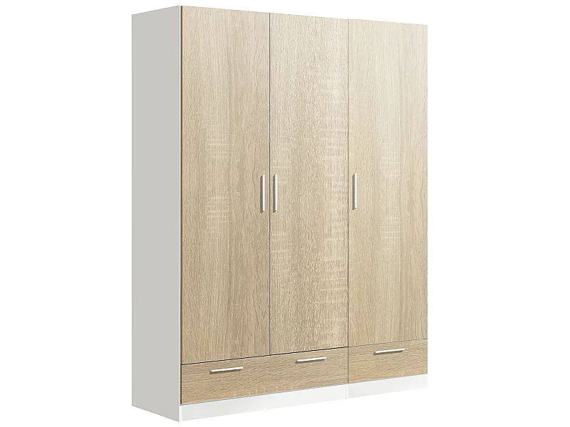 Armoire / placard de rangement de 3 portes + 2 tiroirs coloris Blanc / Chêne Cambrian - longueur 152 x profondeur 51 x hauteur 200 cm
