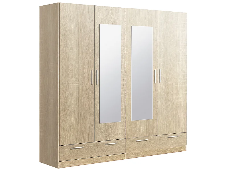 Armoire / placard de rangement de 4 portes avec miroirs + 2 tiroirs coloris Chêne Cambrian - longueur 202 x profondeur 51 x hauteur 200 cm