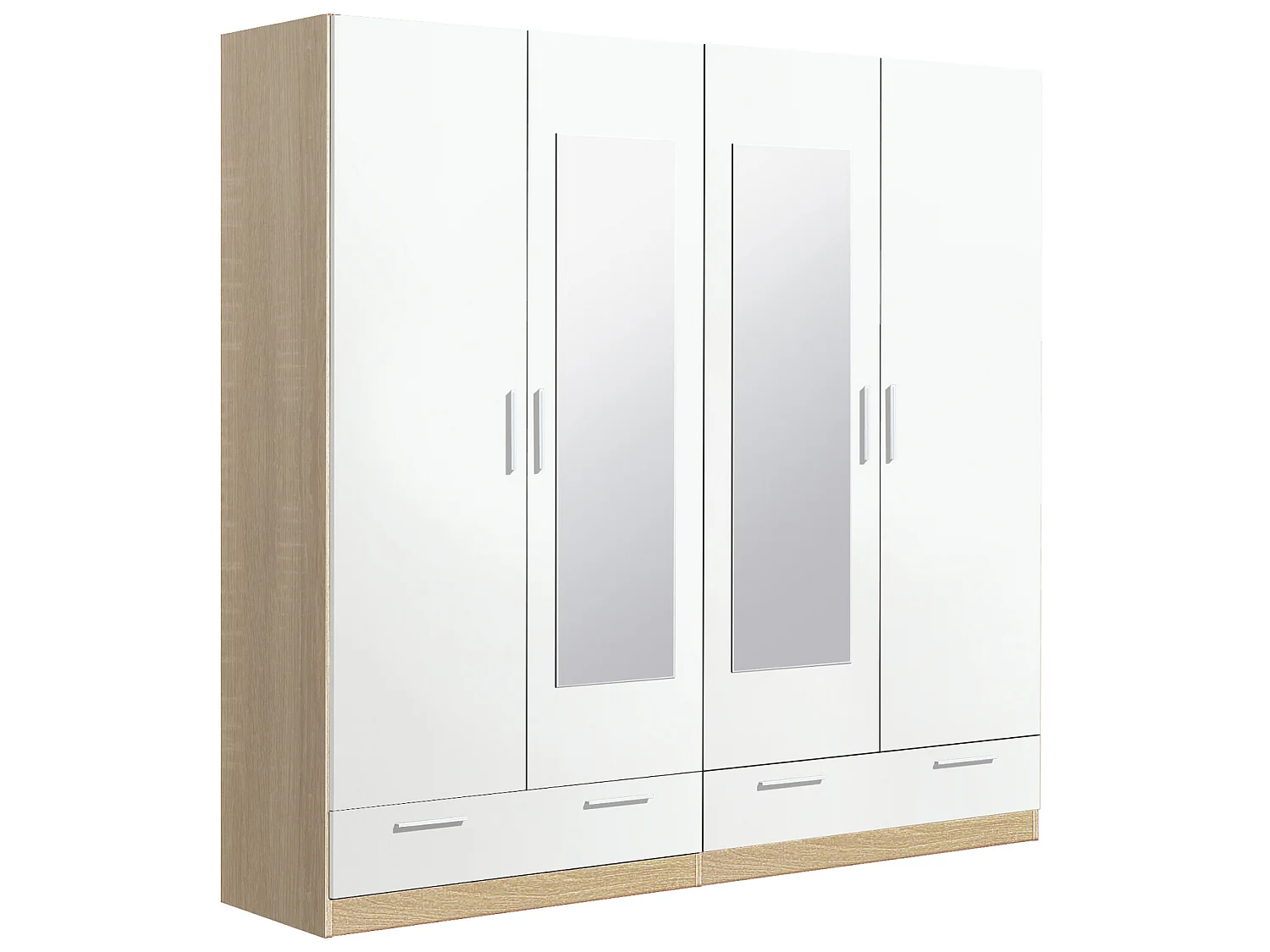 Armoire / placard de rangement de 4 portes avec miroirs + 2 tiroirs coloris Chêne Cambrian / Blanc - longueur 202 x profondeur 51 x hauteur 200 cm