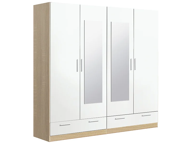 Armoire / placard de rangement de 4 portes avec miroirs + 2 tiroirs coloris Chêne Cambrian / Blanc - longueur 202 x profondeur 51 x hauteur 200 cm