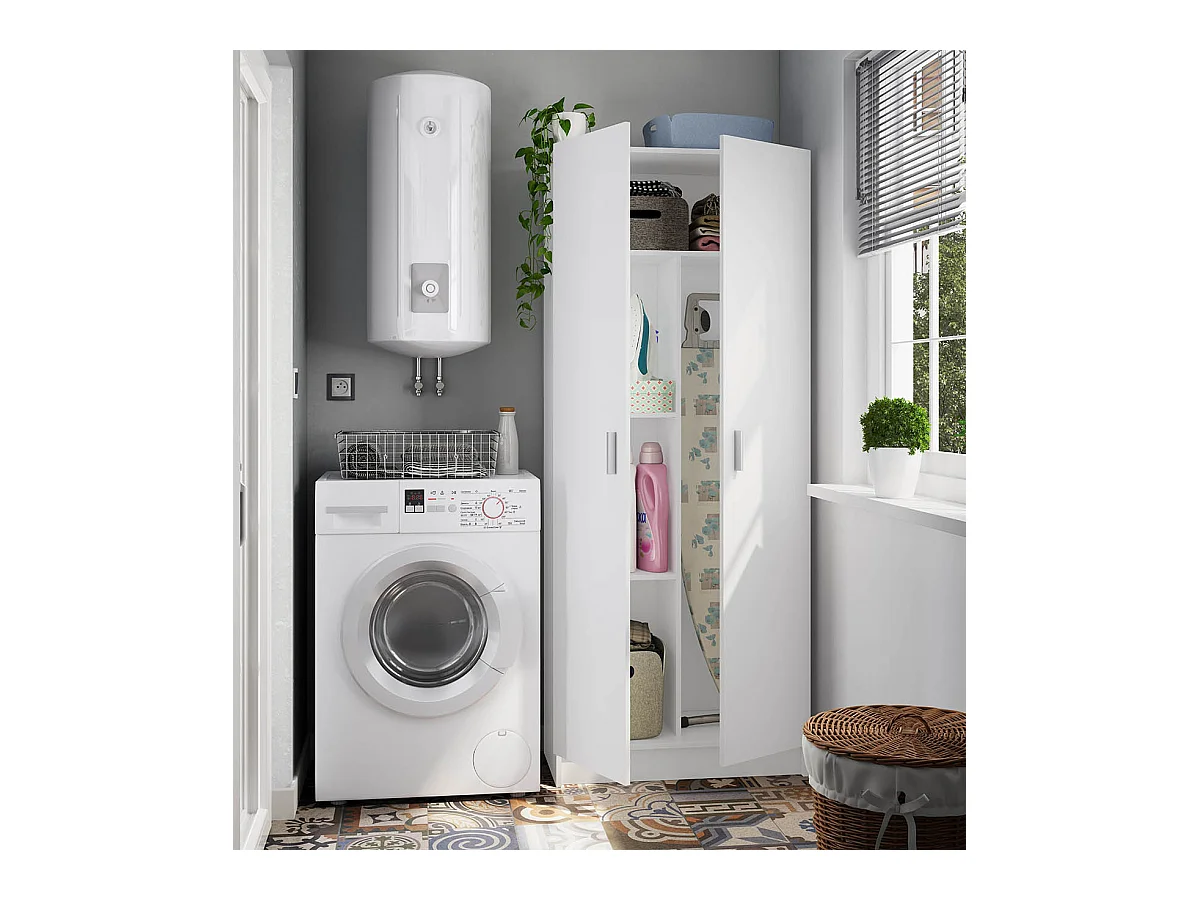 Armoire rangement nettoyage 2 portes en mélamine coloris blanc - Dim : H180 x L73 x P37 cm