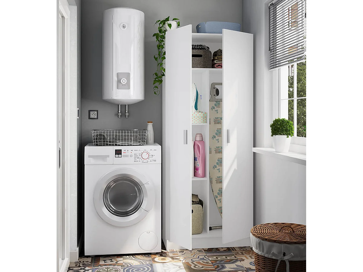 Armoire rangement nettoyage 2 portes en mélamine coloris blanc - Dim : H180 x L73 x P37 cm