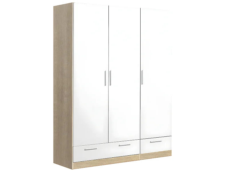 Armoire / placard de rangement de 3 portes + 2 tiroirs coloris Chêne Cambrian / Blanc - longueur 152 x profondeur 51 x hauteur 200 cm